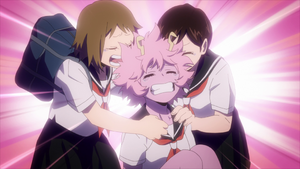 Mina tearing up with her friends after saving them from Gigantomachia.