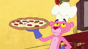 Pink Panther is holding a pizza