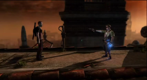 Cole in the evil path, with Zeke pointing his gun at him.