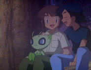 Ash and Sammy giggling with Celebi.