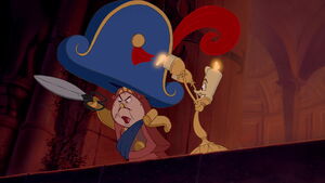 Lumière and Cogsworth after they, along with the enchanted objects, drive the rioters away.