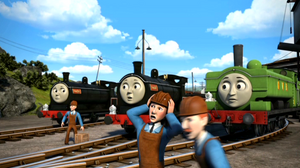 Duck, Donald, Douglas, Stanley, Samson and the workers are surprised to see Thomas charging towards the danger zone