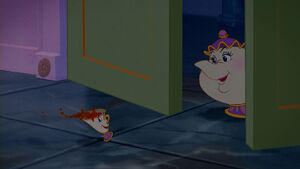 Mrs. Potts and Chip leaving Belle's room in order to help get dinner ready.