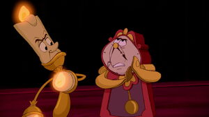 Lumière being told by Cogsworth it might be a bad idea to give Belle a tour of the castle until she changes his mind.