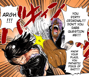 Spandam punching Nico Robin