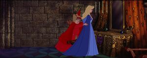 After entering one of the castle's rooms, Aurora is guided by Flora to a vanity.