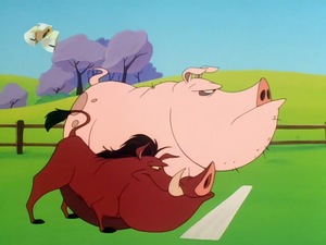 Pumbaa competing against Mr. Pig