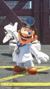 Mario wearing the Dr. Mario Suit in Super Mario Odyssey