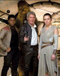 Finn, Chewie, Han and Rey