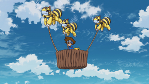 Taichi gets a ride from three Honeybeemon