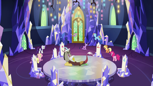 Mane Six, Spike, and Discord in throne room S9E1