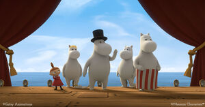 Moominpappa with Moomintroll, Moominmamma, Snork Maiden and Little My in Moominvalley