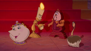 Fifi and her friends reminding Cogsworth to take it easy with the blossoming romance between Belle and Beast.