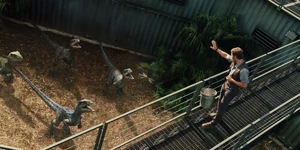 Charlie looking at his trainer, Owen Grady.