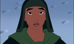 Mulan being confronted by Shang.