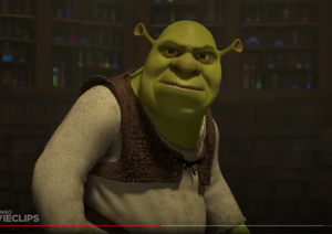 Shrek about to realize Donkey blew their cover in the Fairy Godmother's potion factory.