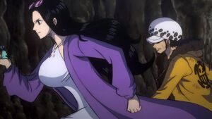 Nico Robin and Law running out from Buena Festa's lair