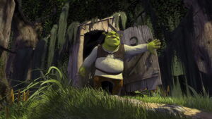 Shrek exits his outhouse