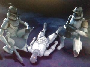 Captain Rex and Commander Cody sees a Commando Droid disguise as a Clone Trooper