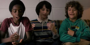 When Chief Hopper reveals Will has gone missing, the boys start rambling nonstop until Hopper quiets them.