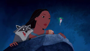 Pocahontas, Meeko, and Flit seeing white settlers arriving on rowboats.