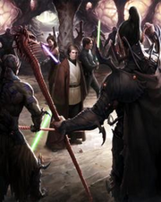 Jaina, Jacen, and Luke Skywalker confront Supreme Overlord Shimrra.