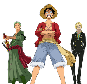 Monkey D. Luffy, Roronoa Zoro and Vinsmoke Sanji are a trio of Pirates.