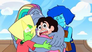 Lapis hugging Steven one last time along with Peridot and Bismuth in the series' final episode, "The Future".