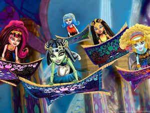 Abbey with her ghoul friends Frankie Stein Draculaura Cleo de Nile and Ghoulia Yelps riding on their flying carpets in "Monster High 13 Wishes"