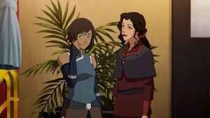 Asami complimenting a flustered Korra’s new hairstyle.