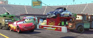 Much to his delight and surprise, McQueen's friends from Radiator Springs have decided to be his pit crew.