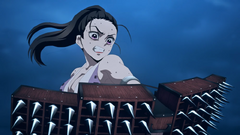 Hinatsuru prepares to fire a barrage of Kunai at Gyutaro