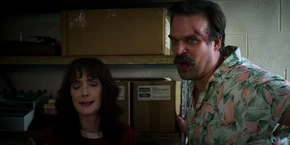 Joyce and Hopper denying to Murray that they are a couple.