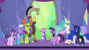 Twilight, Discord, and friends looking at ceremony crowd S7E1