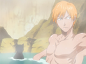 Ichigo relaxing in the hot spring with Yoruichi.