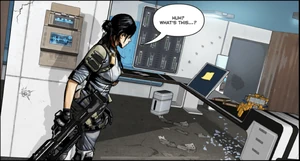 Alias looks at a note on the computer CODM.png (4.42 MB) Alias looks at a note on the computer while inside of the lab.