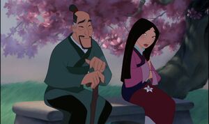 Mulan listening to her father compare her to a late cherry blossom.