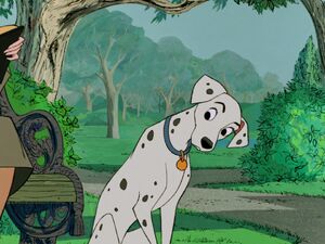 Perdita perplexed when Pongo starts playing around by taking his owner's hat.