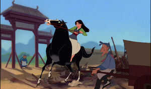 Mulan riding on her horse, Khan.