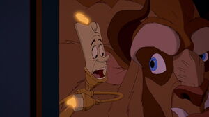 Lumière advising Beast to invite Belle to dinner, only to make it sound like more of a demand than an invitation.