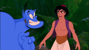 Genie excited when Aladdin makes his first wish of becoming a prince.