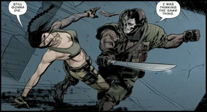 Mace ambushes Mara with his machete.