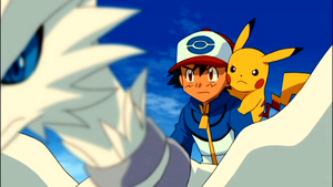 Ash, Pikachu and Reshiram facing Zekrom