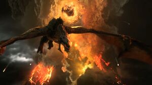 Talion flying a fellbeast during the defeat of Sauron, moments before a volcano rock kills him.