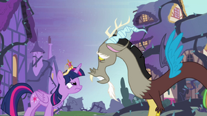 Twilight looks at Discord as mad (S4E1)