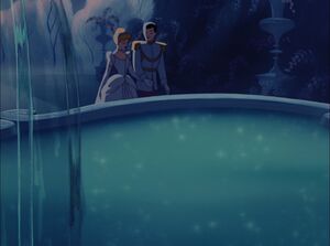 After dancing, Cinderella and Charming walk together.