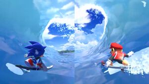 Mario surfing with Sonic the Hedgehog in Mario & Sonic at the Tokyo 2020 Olympic Games