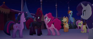 Pinkie leans her ear toward Tempest Shadow