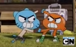 Gumball and Darwin fighting.