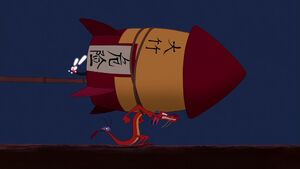 Cri-Kee lighting the rocket as Mushu aims it at Shan Yu.